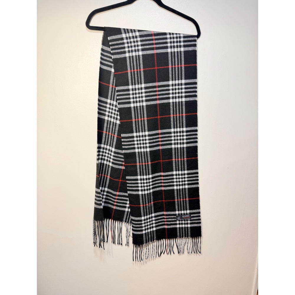 Italy Design Scarf Unisex OS Black Plaid Cashmere Blend Fringe Wrap0394